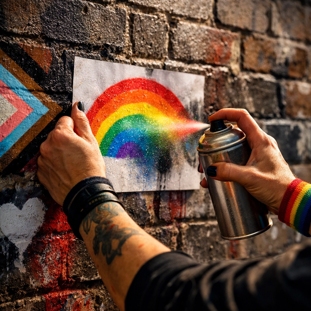 Queer artist spray painting rainbow LGBTQ+ stencil on urban brick wall