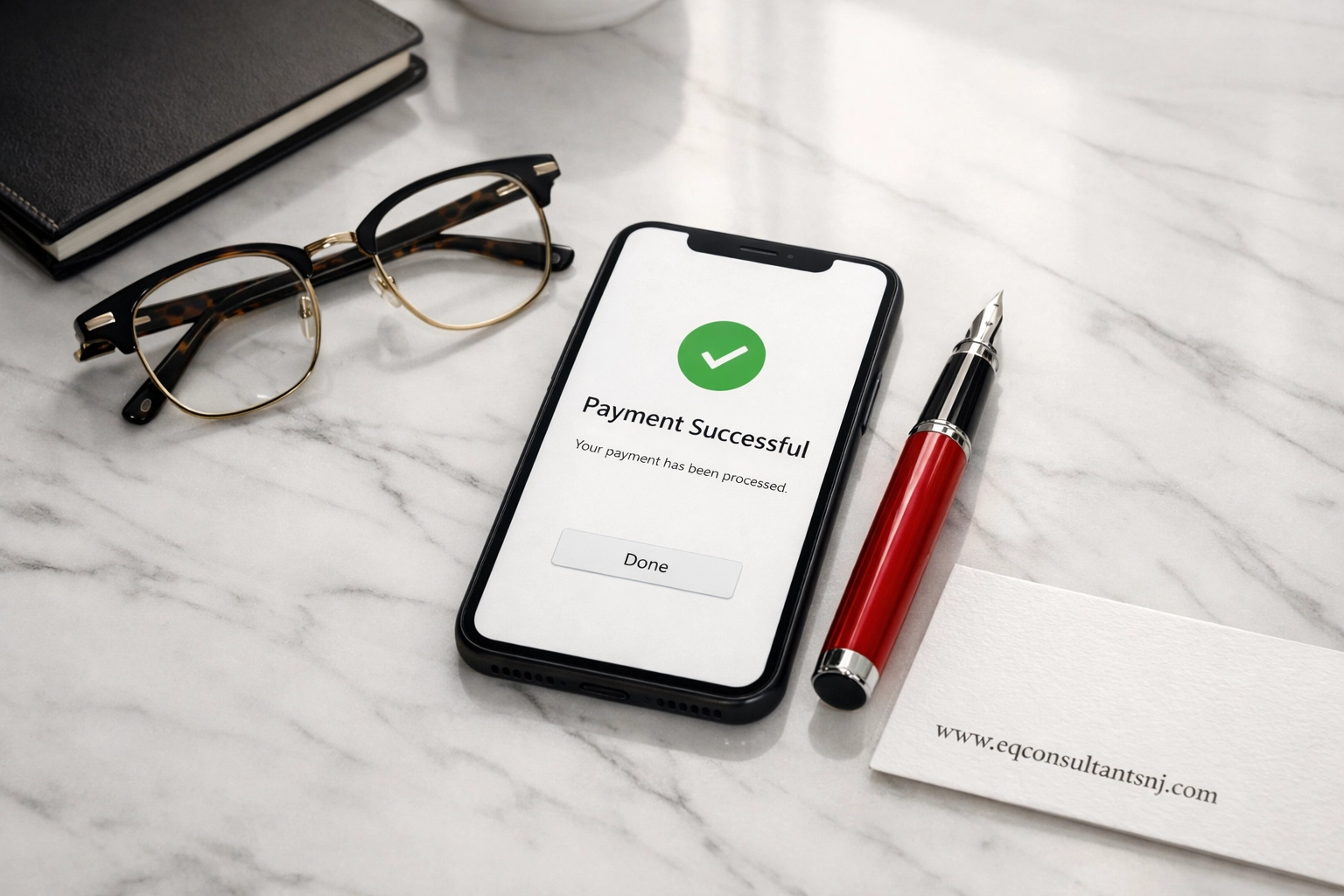 Professional desk with payment confirmation on a smartphone, showing financial clarity for coaching business cash flow.
