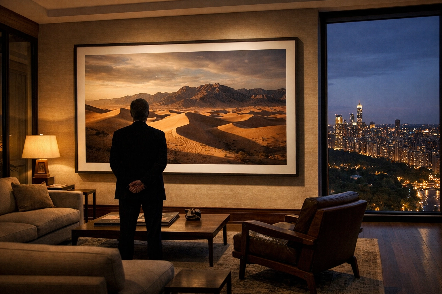 An art collector viewing a large-scale limited edition photography print in an NYC luxury residence.
