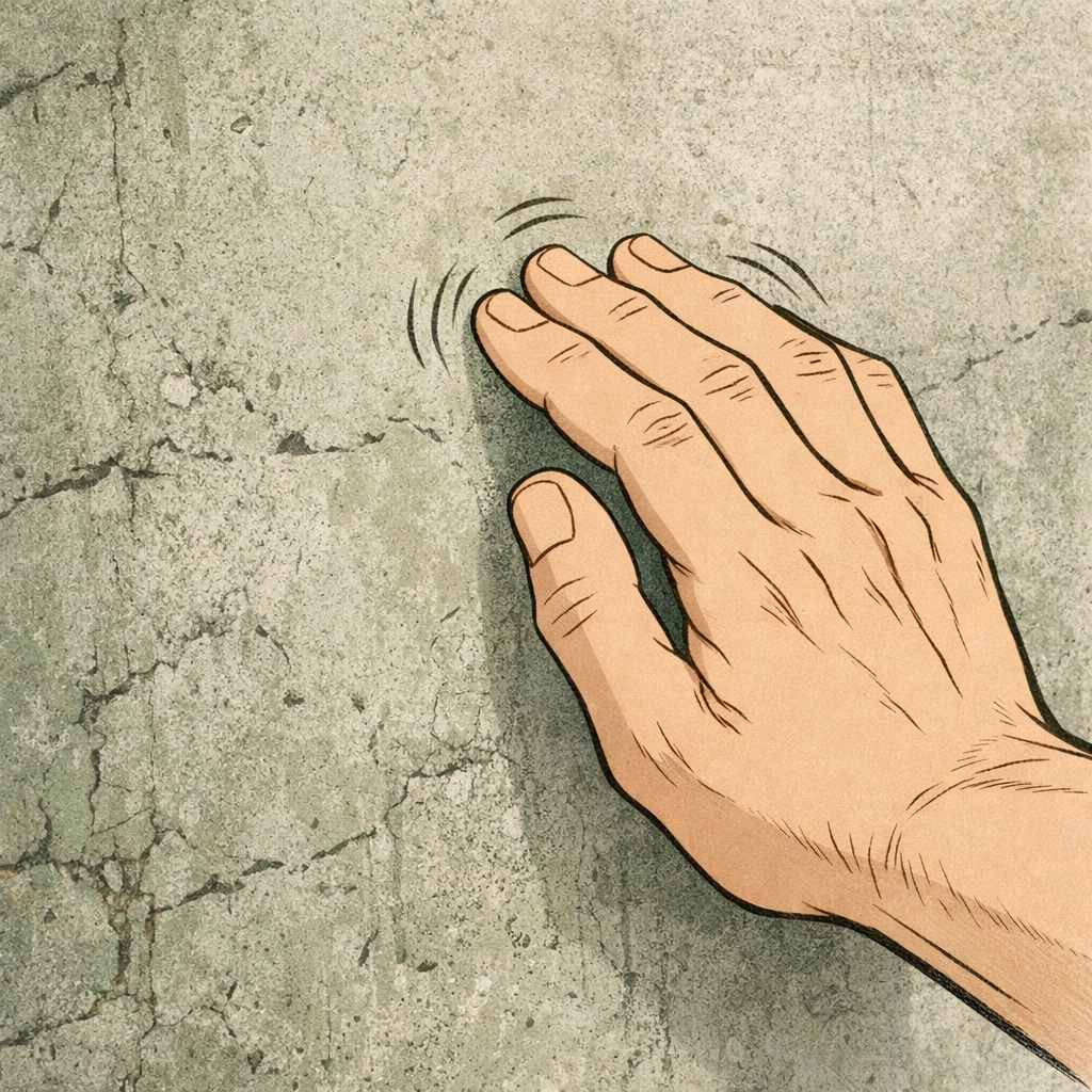 Hand tapping tap-code message on concrete prison wall to communicate love in gay romance