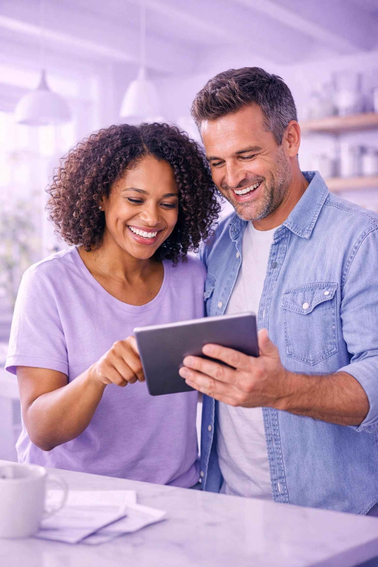 A diverse Canadian couple sharing a moment of financial relief after getting an emergency loan approval.