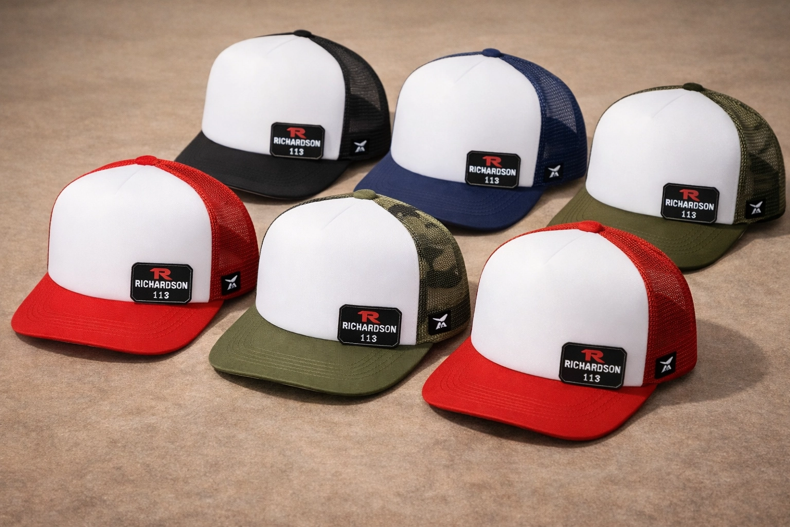 Richardson 113 Foamie Trucker caps showing a seamless smooth foam front, 5-panel hi-pro crown, mesh back, and flat bill