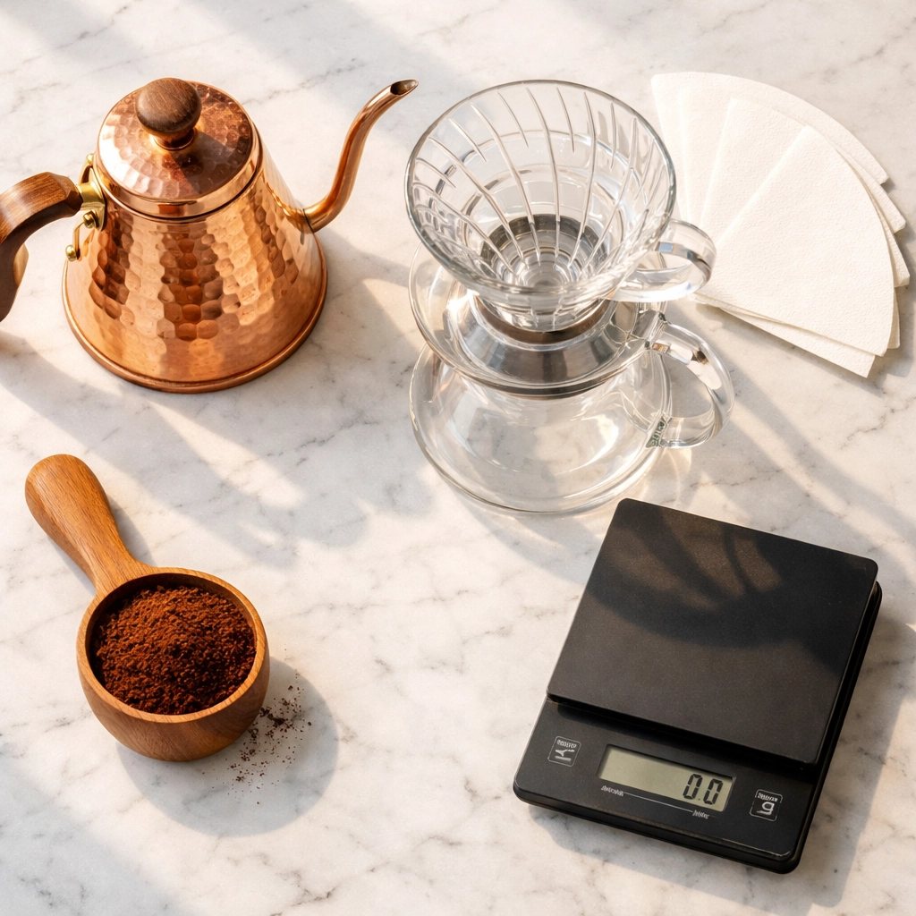 Essential V60 coffee brewing equipment including dripper, gooseneck kettle, scale, and filters