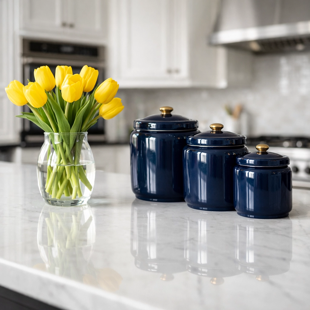 Bi-weekly house cleaning Northborough results on a polished marble kitchen island with yellow accents.