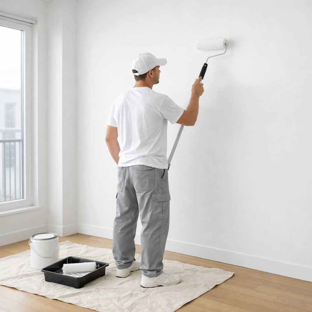 Professional painter applying white paint to apartment wall during turnover