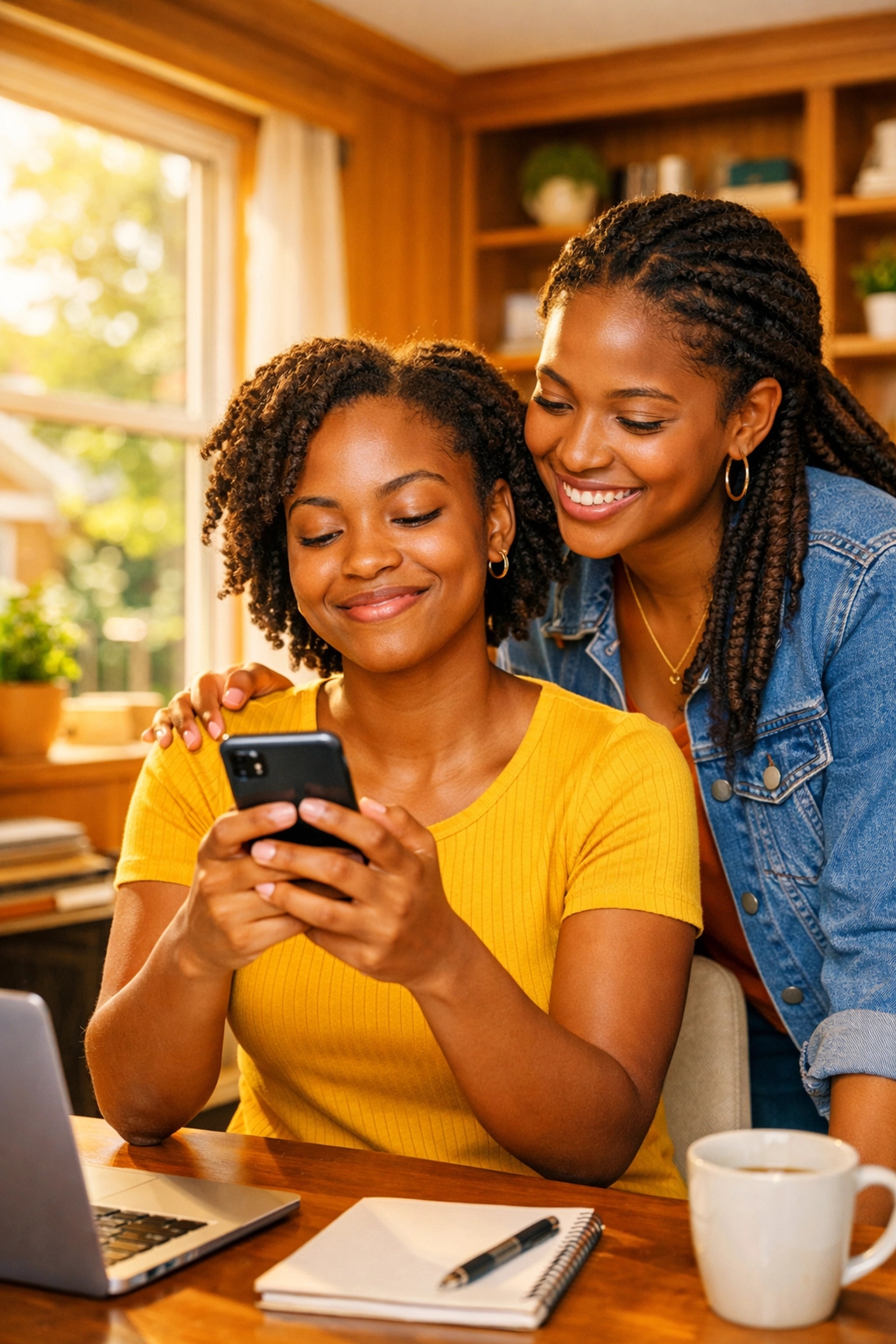 Black sisters in an office celebrating successful automatic savings for their emergency fund in NJ.