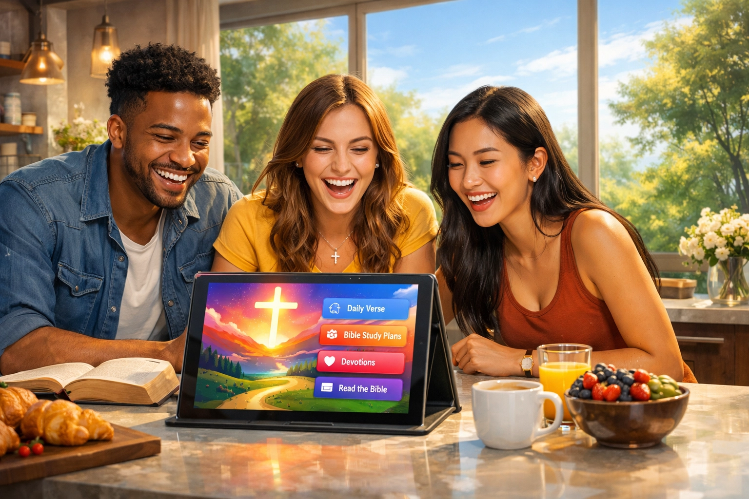 Diverse young adults using a Bible study app to grow in faith and build community in a modern kitchen.
