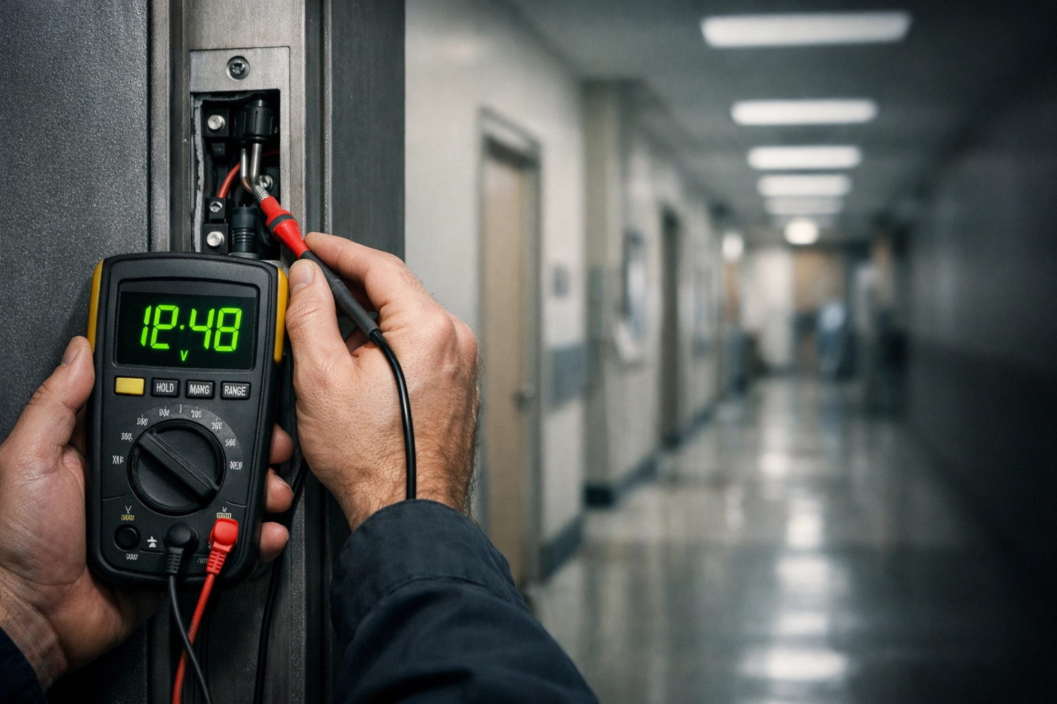 IT support technician troubleshooting an electronic door strike at a Midwest clinic for physical security maintenance.