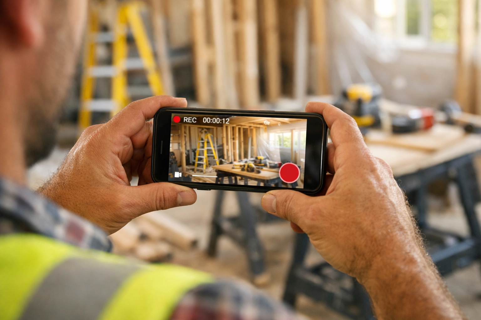 Contractor filming job site video with smartphone showing easy content creation for social media