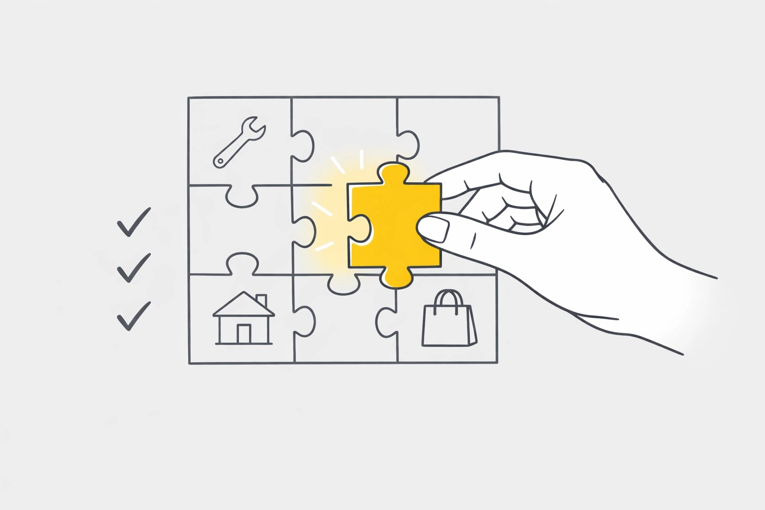 Minimalist illustration of a hand completing a business profile grid to optimize Google search categories.