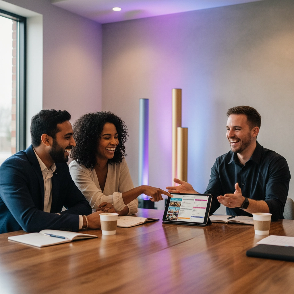 Three people in a meeting room laugh while discussing content on a tablet. Warm lighting sets a positive mood. Notes and coffee cups on the table.
