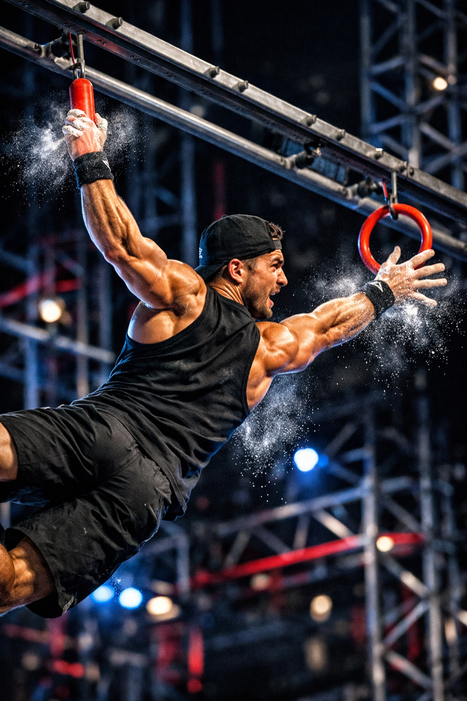 Ninja Warrior athlete training with suspension grips on a versatile home gym system.