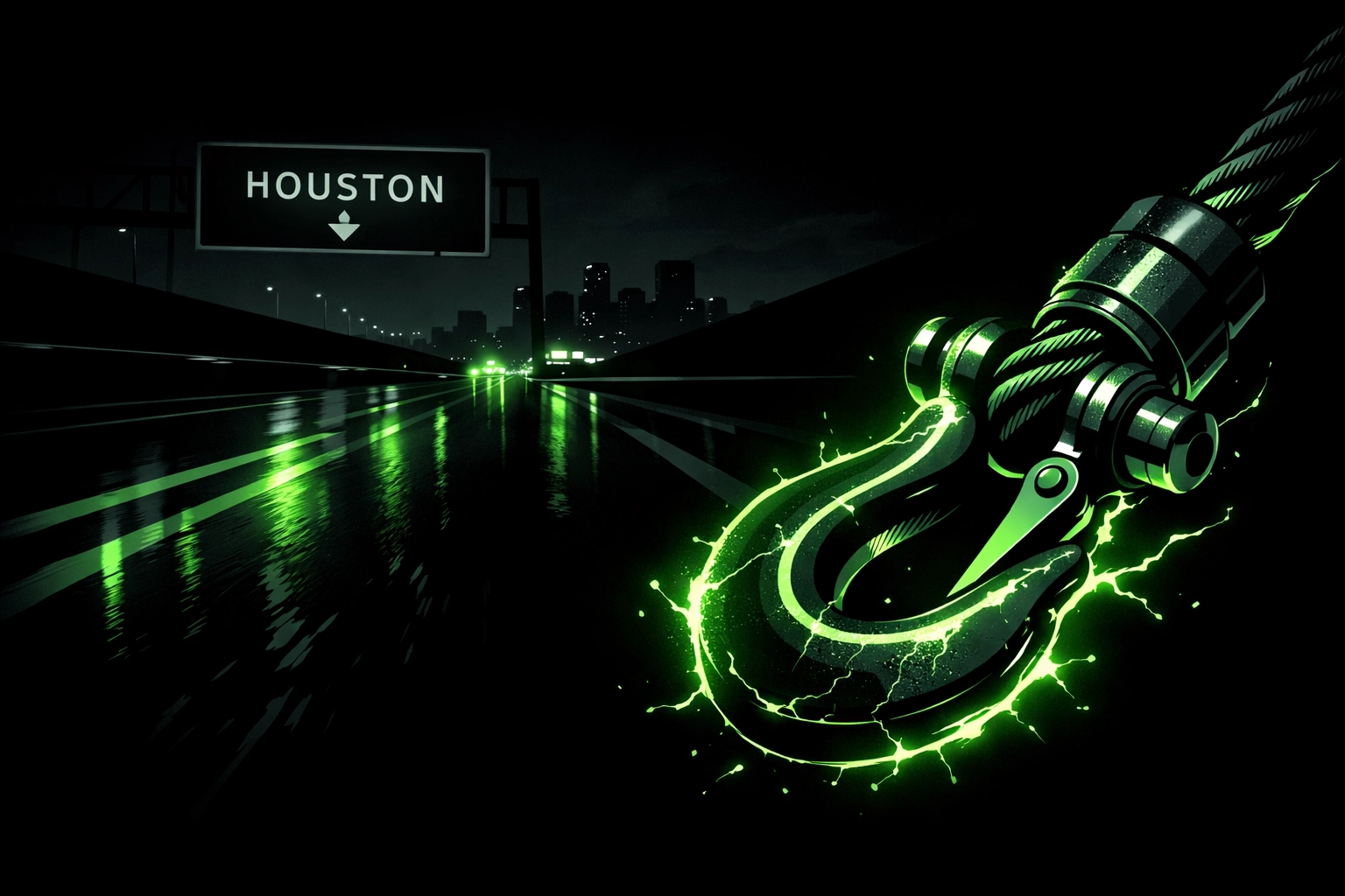 Close-up of a glowing recovery winch cable on a dark Houston highway at night.