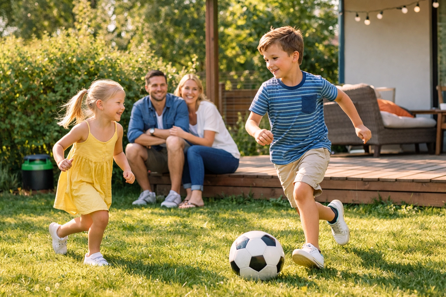 A happy family enjoying a sunny, mosquito-managed backyard—peace of mind with a spray-free approach.