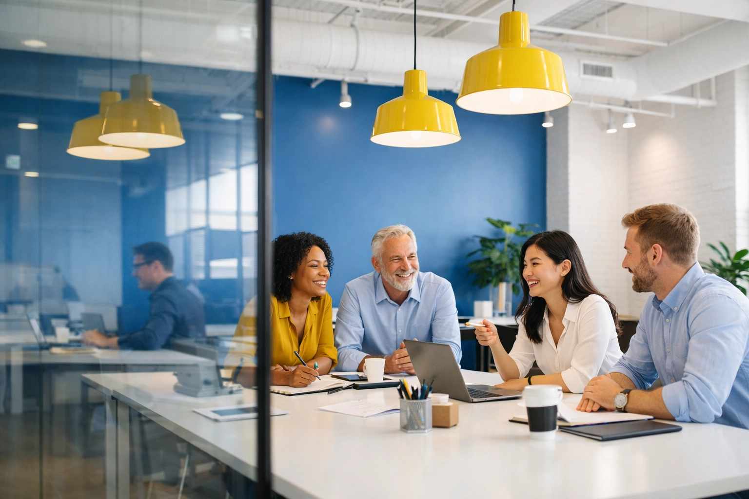 Productive team working in a bright, professionally cleaned open-plan office with a spotless environment.