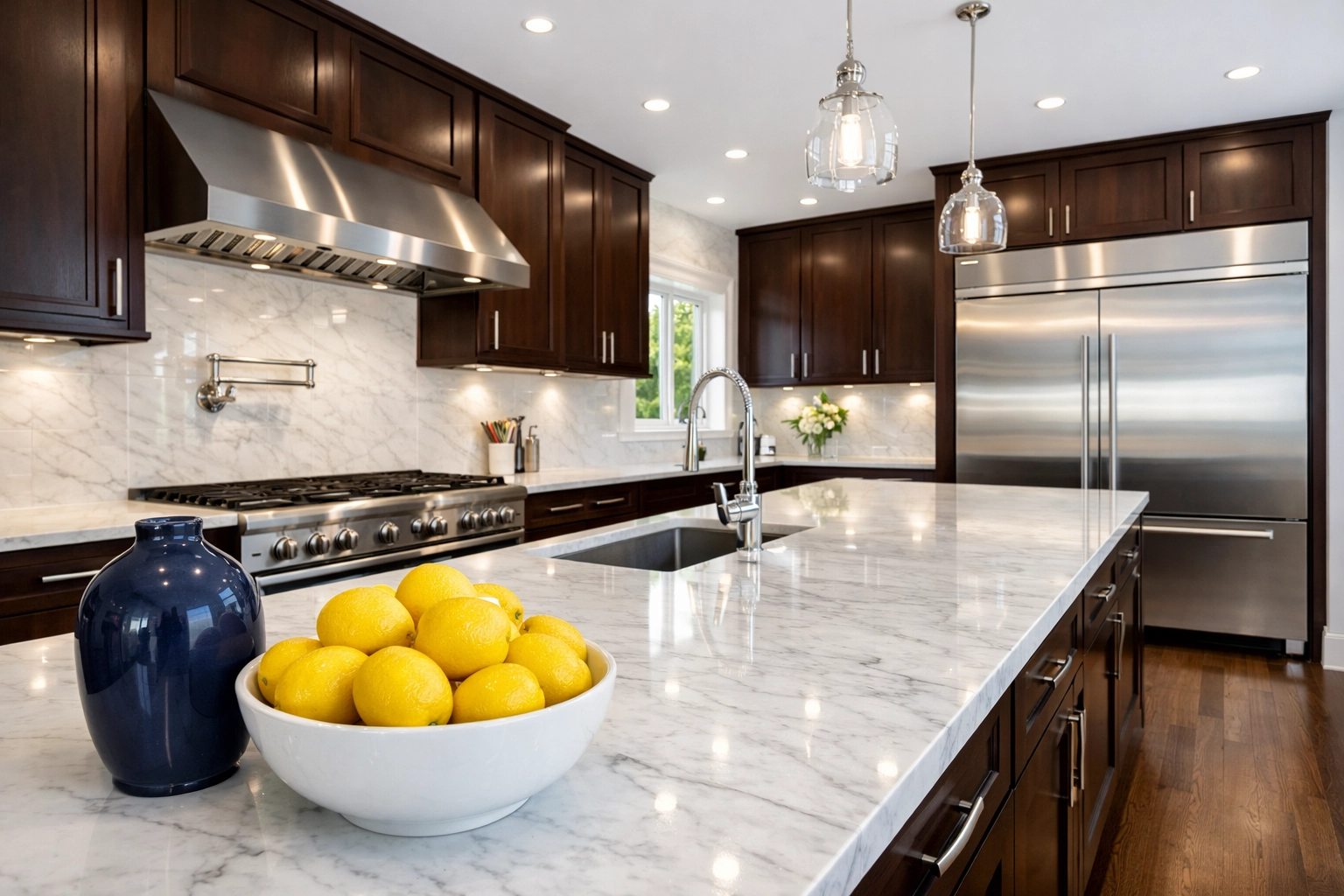 Deep cleaned Massachusetts kitchen with sanitized marble countertops and stainless steel appliances.