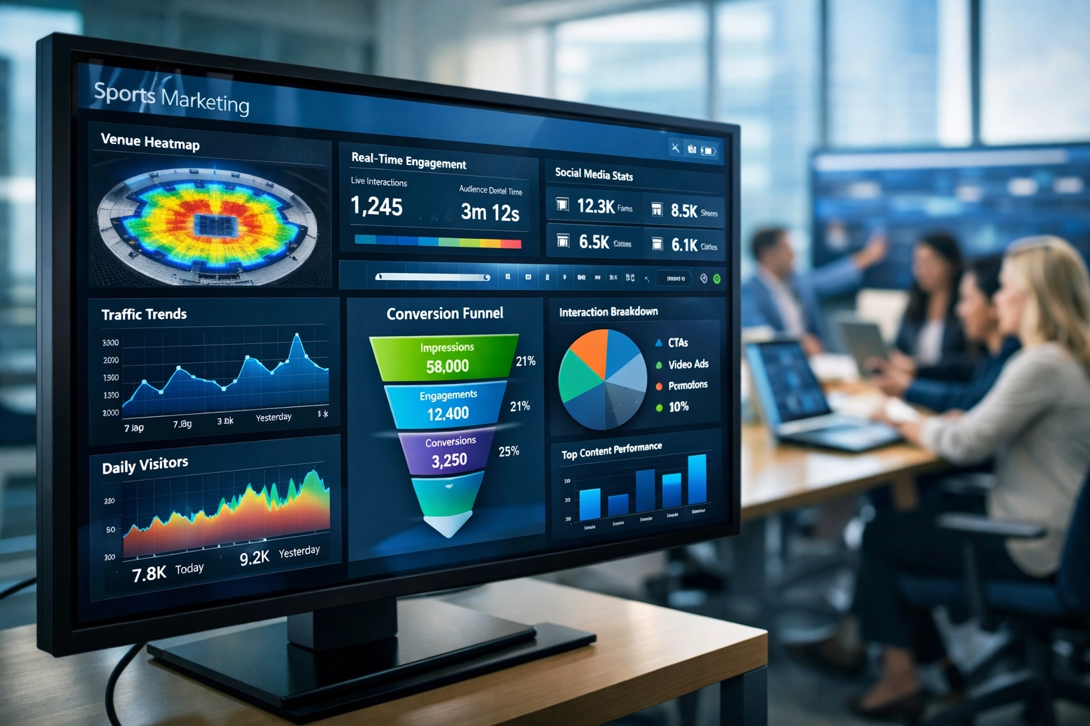Sports marketing analytics dashboard tracking digital signage engagement and venue metrics