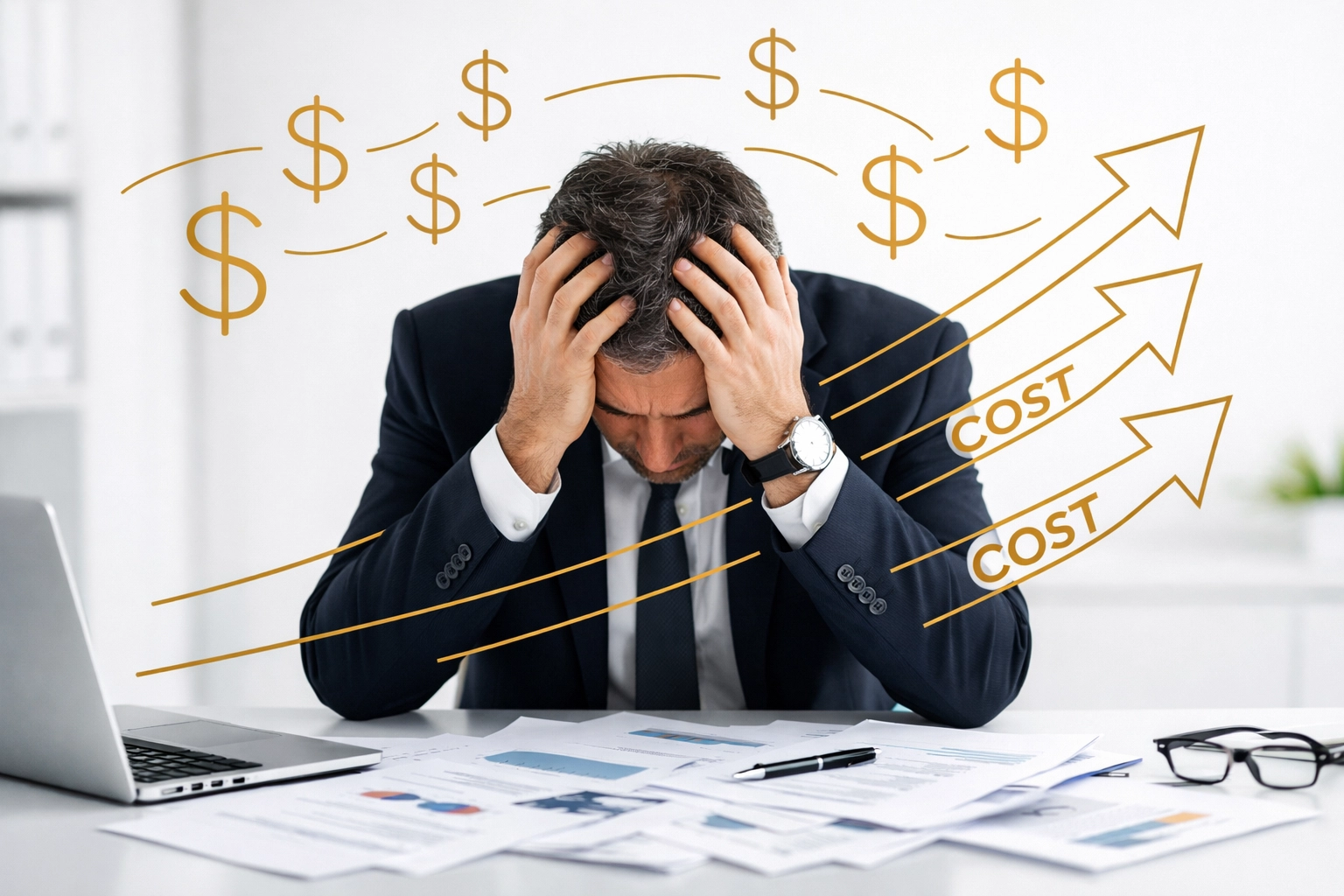 Stressed business executive overwhelmed by reactive HR costs and financial pressure
