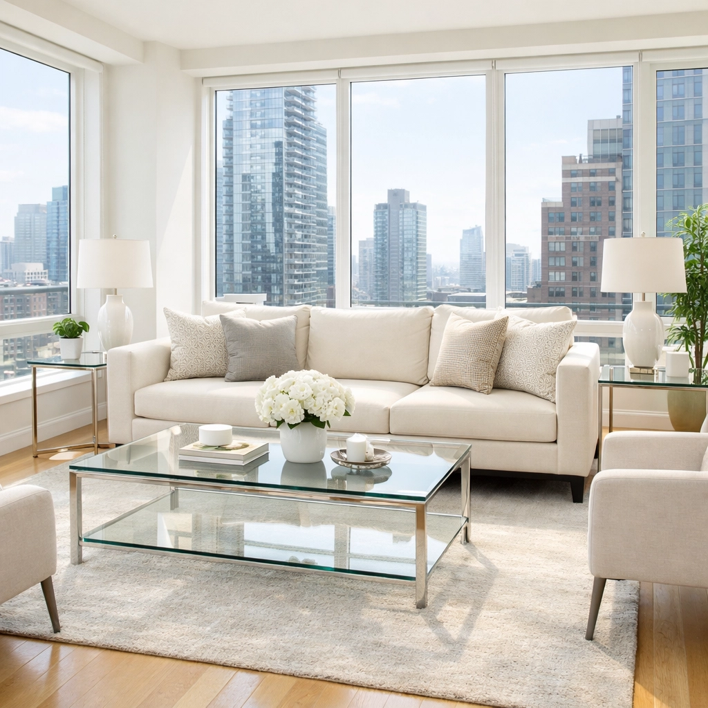 Professionally cleaned show-ready apartment living room with spotless hardwood floors in a Midwest metro.