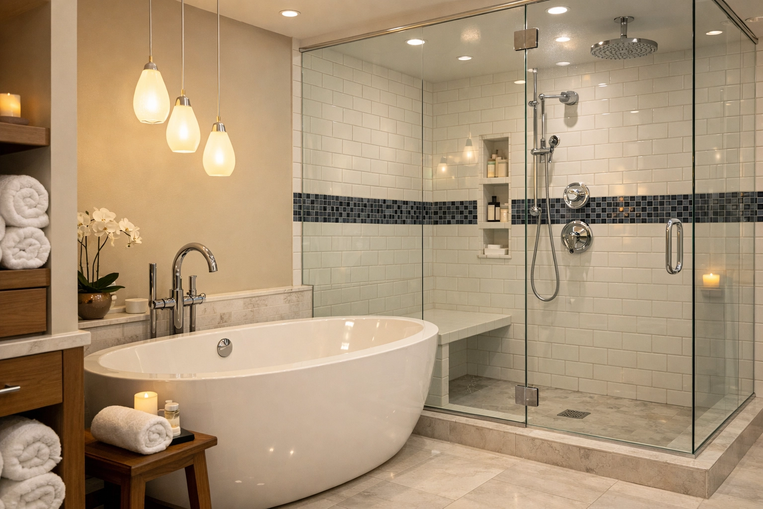 Sparkling clean luxury bathroom in Wellesley featuring polished chrome and a spotless soaking tub.