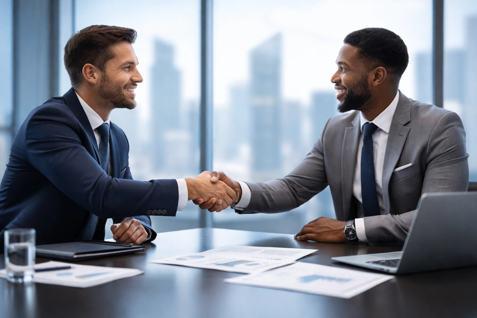 Business professionals shaking hands in an office, symbolizing trusted debt collection payment processor partnerships.