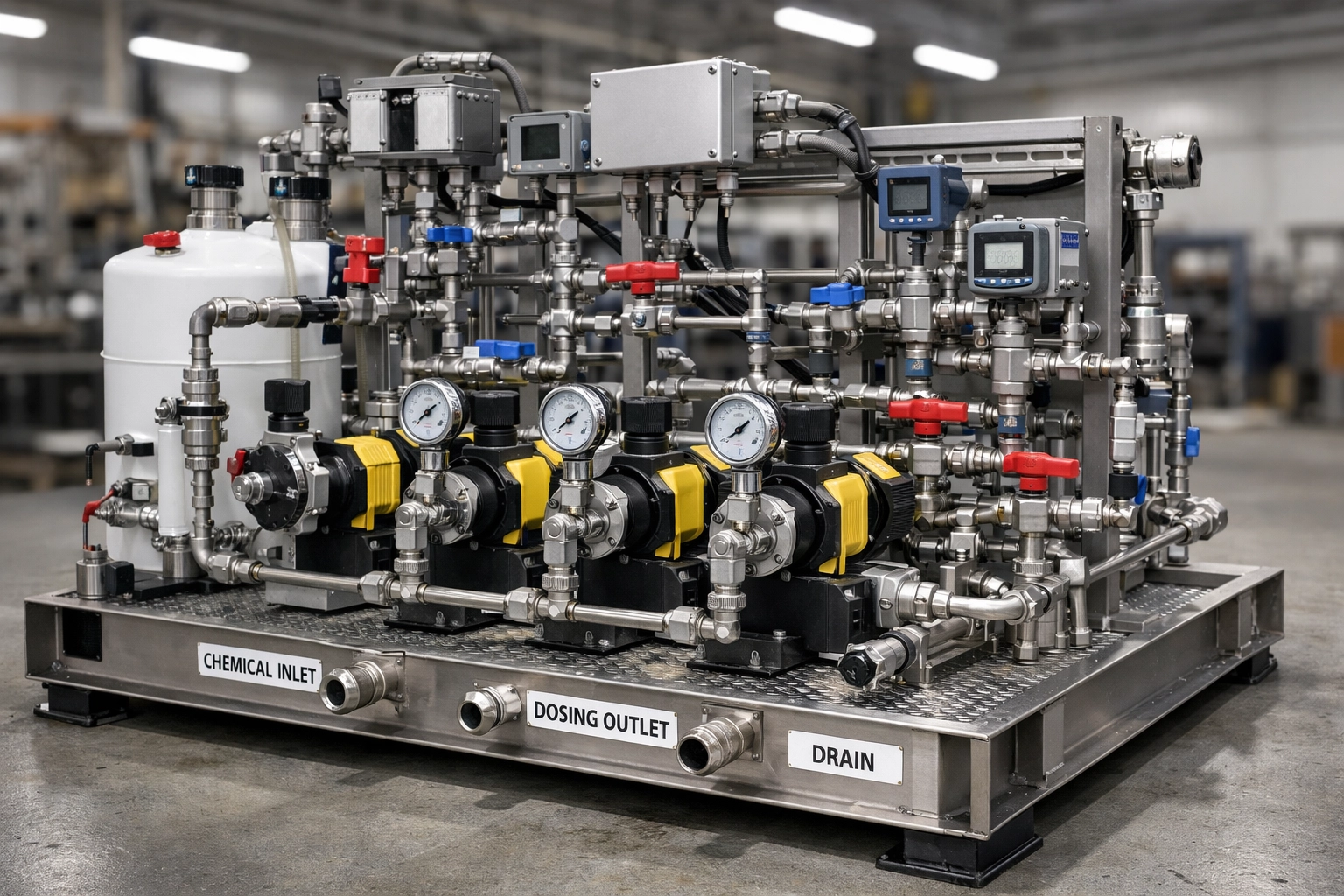Fully assembled chemical dosing modular process skid with high-pressure pumps and precision valves.