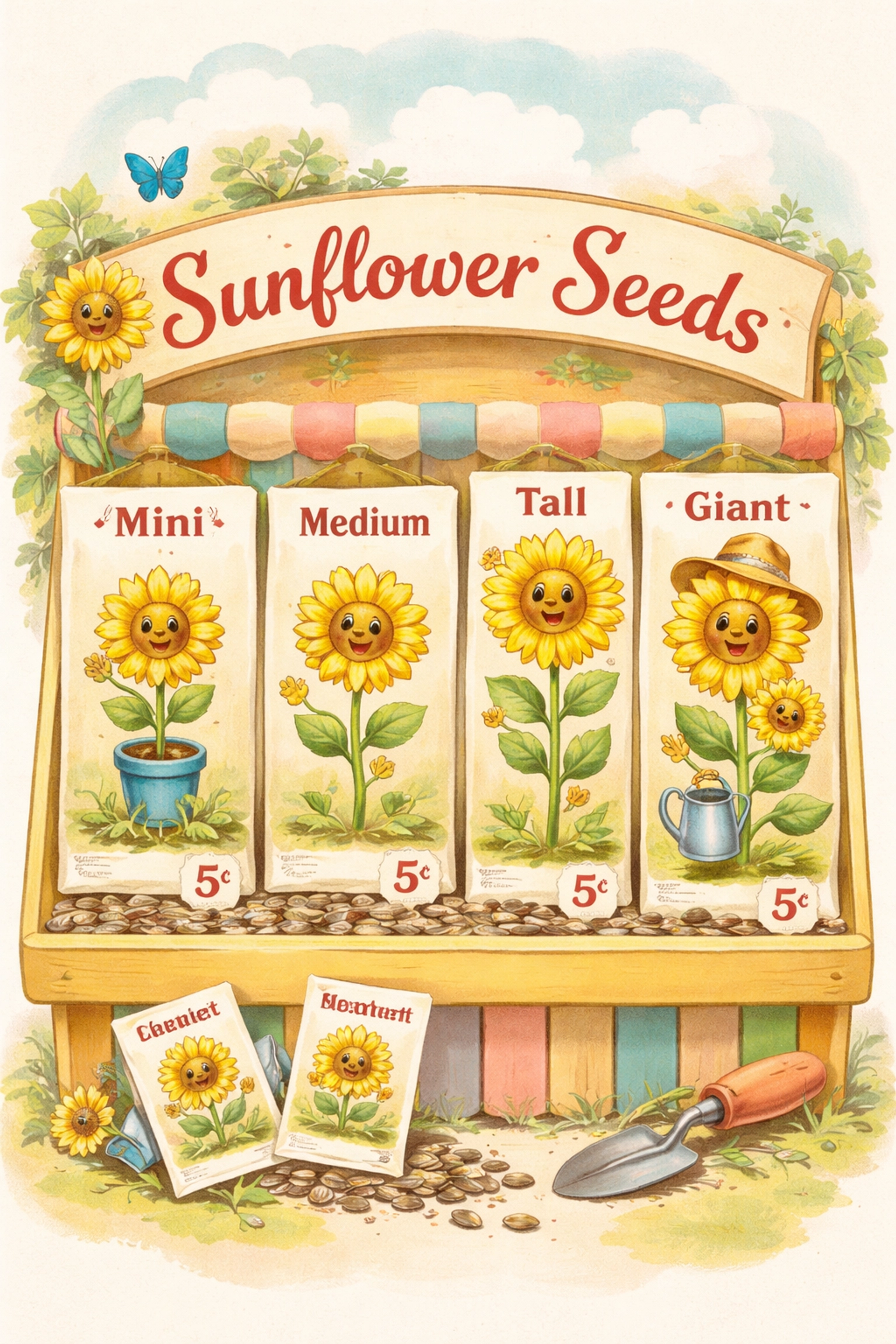 Whimsical illustration of various sunflower seed packets displaying different small space sunflower varieties.