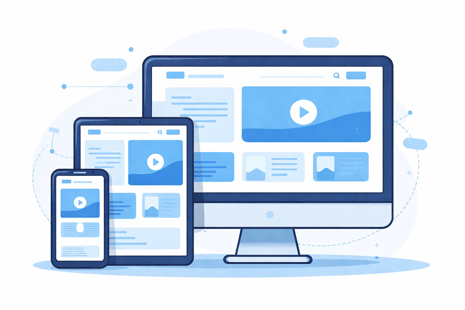 Responsive web design illustration showing a website adapting on mobile, tablet, and desktop screens