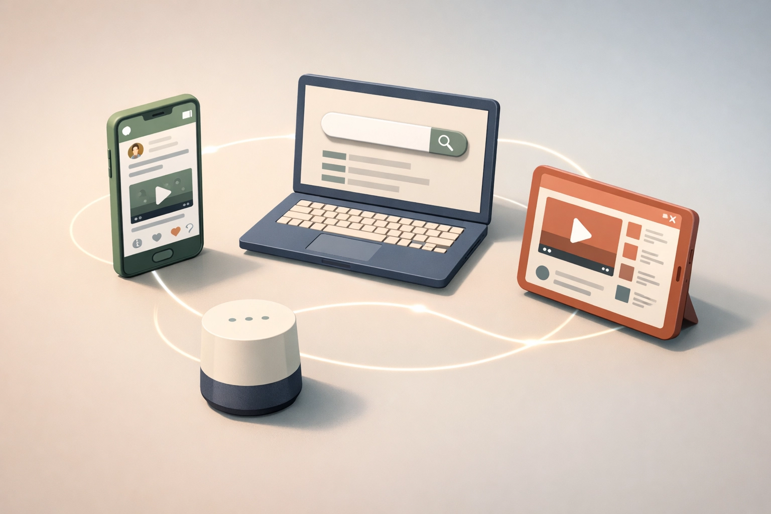 Multiple search platforms including smartphone, laptop, and tablet interconnected showing search everywhere optimization