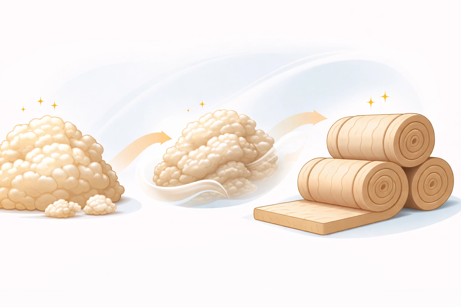 Illustration of sheep's wool turning into natural loft insulation batts, highlighting eco-friendly insulation for UK homes
