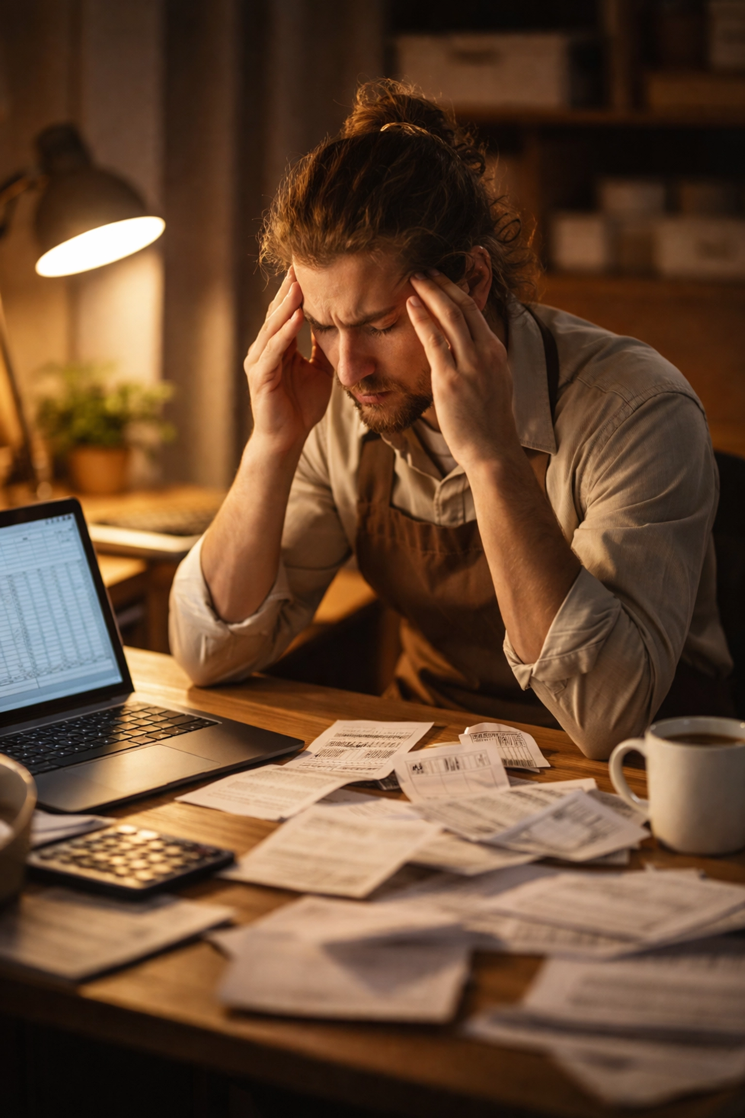 Stressed small business owner at cluttered home office desk showing the challenges of DIY bookkeeping and admin tasks.