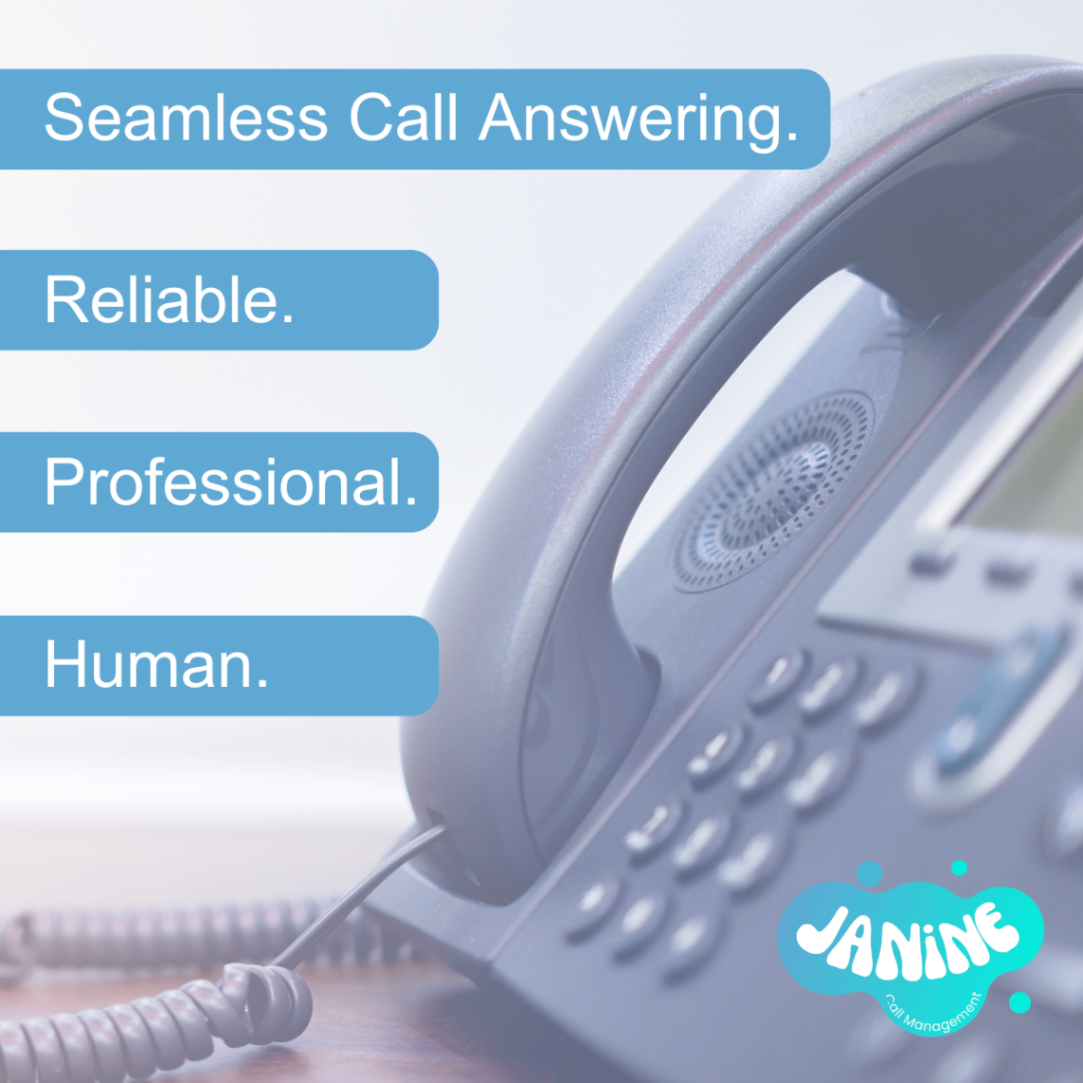 A close-up of an office desk phone with text and logo