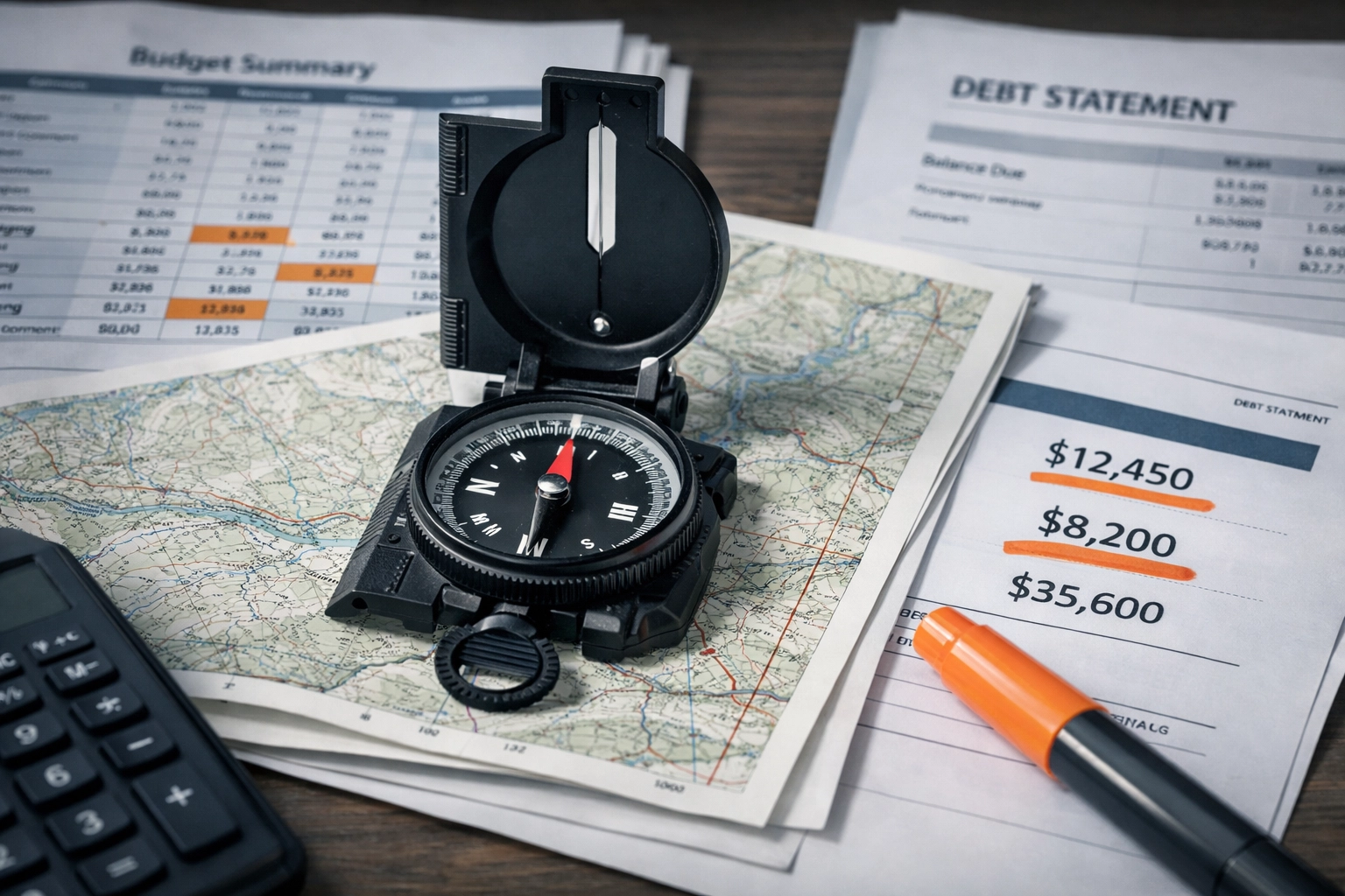 Financial planning compass and budget documents showing debt audit strategy