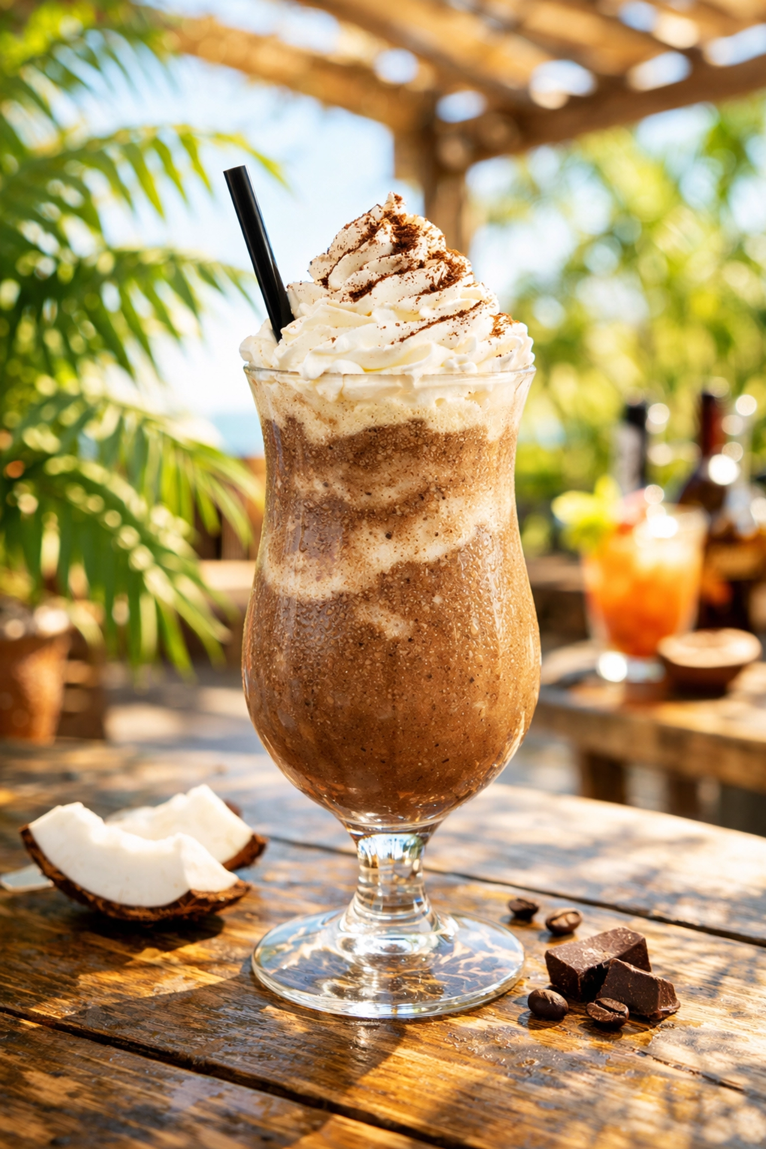 Creamy frozen Bushwacker coffee liqueur cocktail in a hurricane glass on a sunny patio.