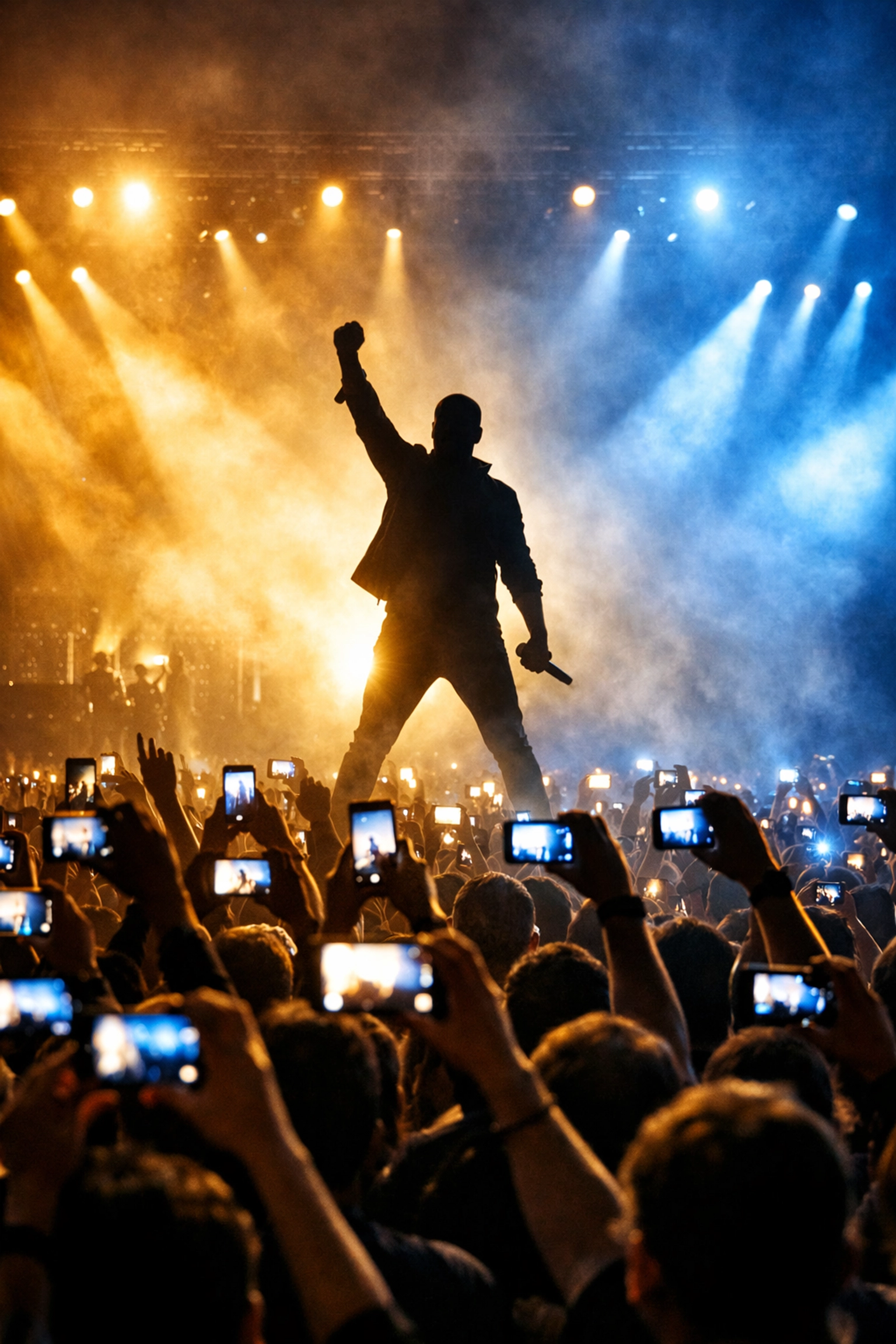 Successful music artist performing for a massive arena crowd after a data-driven campaign by a music marketing agency.