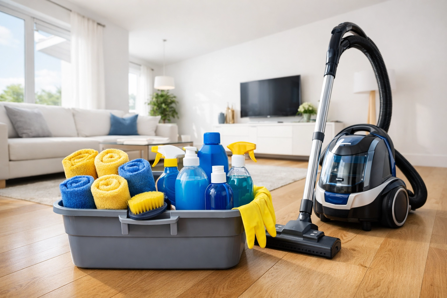 Professional cleaning tools and vacuum prepared for a weekly house cleaning service in a Westford MA living room.