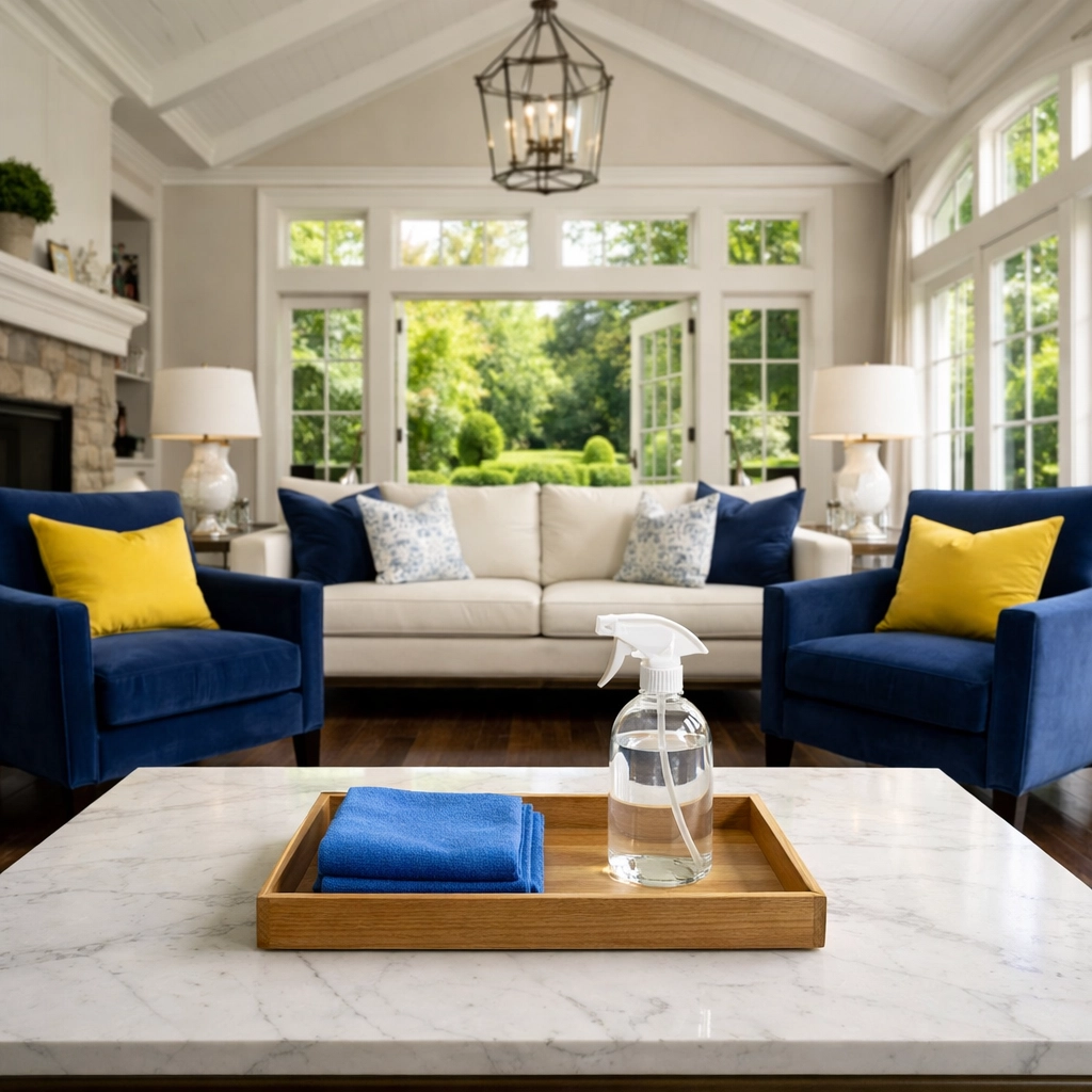 Eco-friendly house cleaning in a Wellesley living room with non-toxic supplies and garden views.