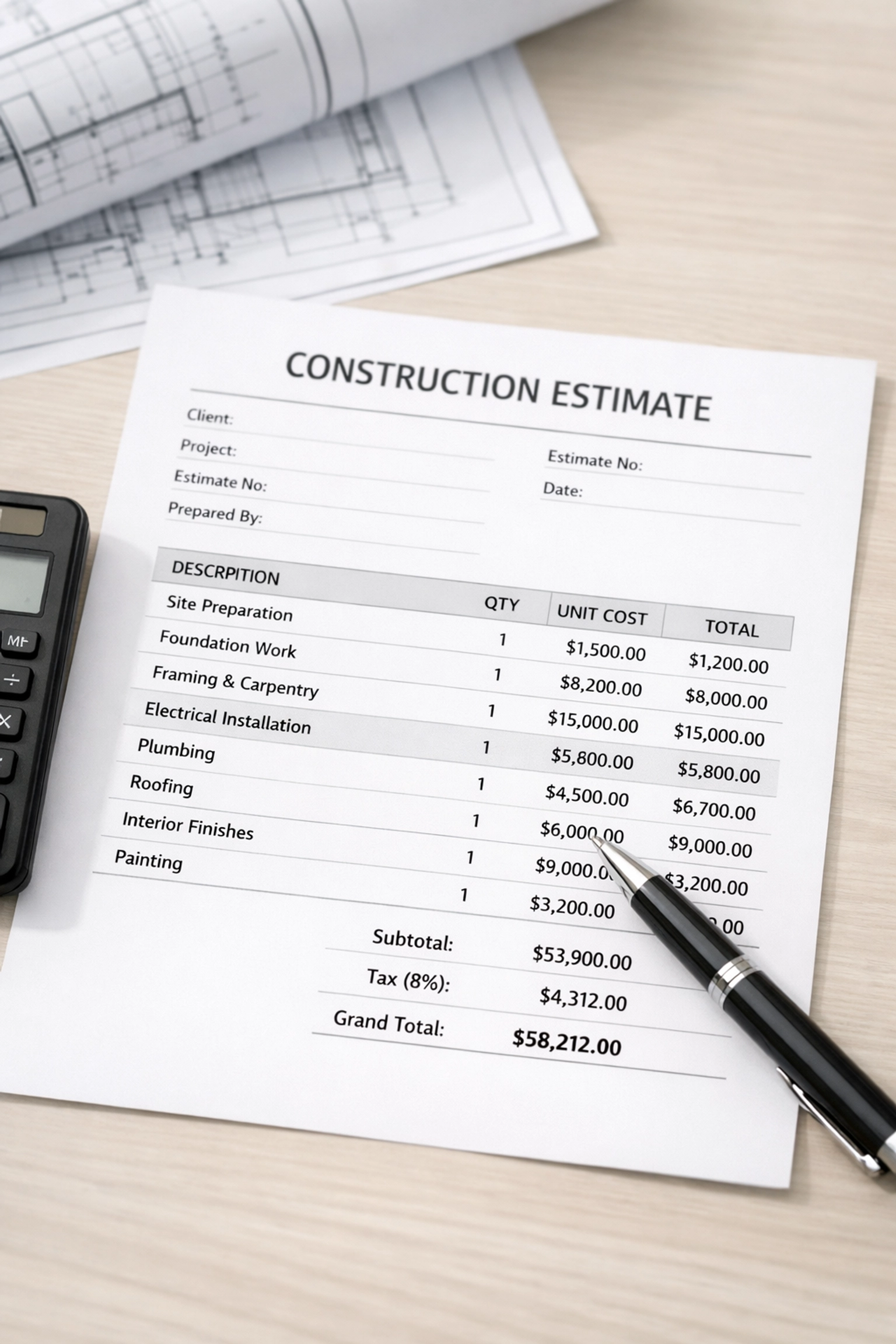 Detailed remodeling estimate with itemized costs and construction blueprints