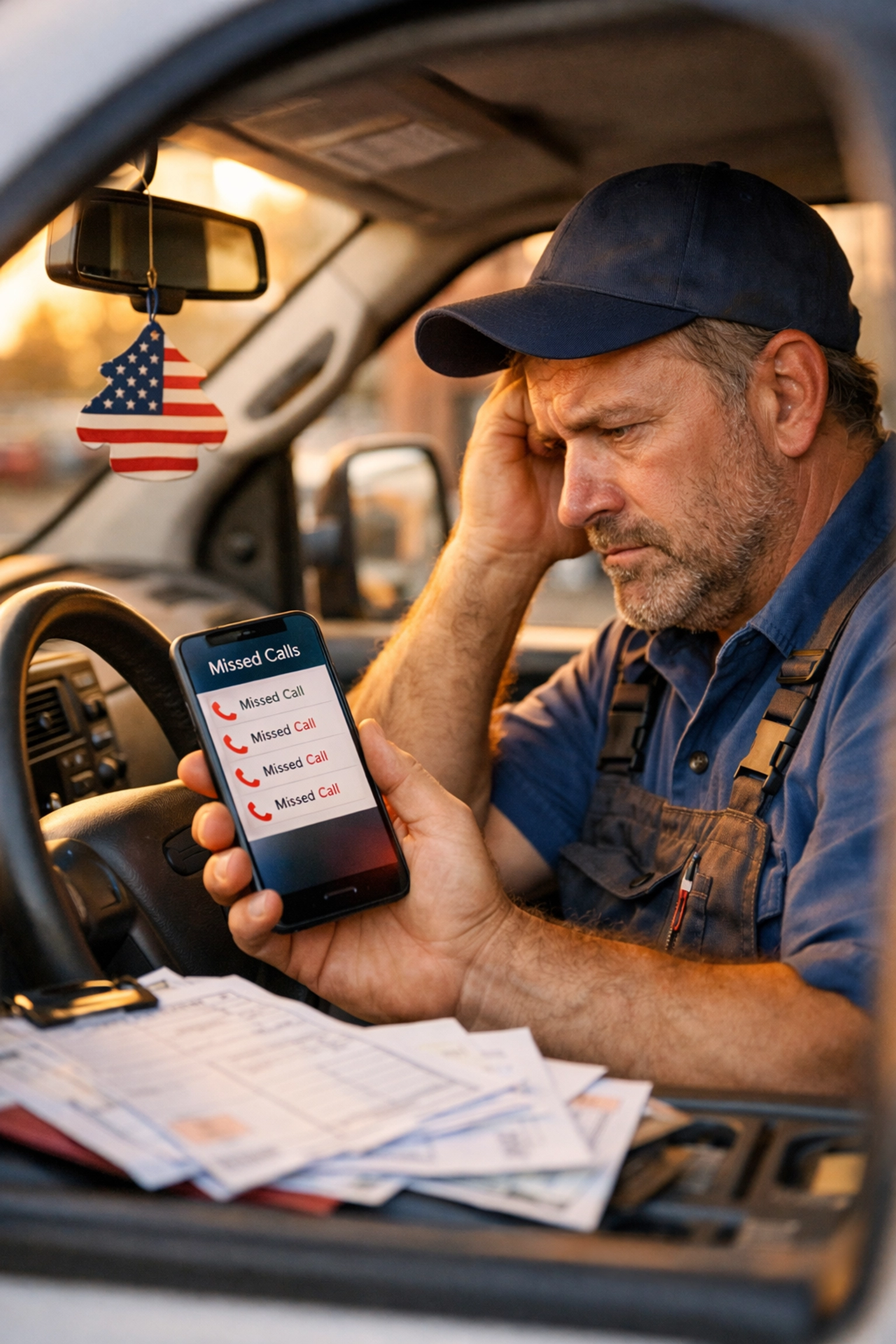 Plumber reviewing missed calls in work van showing lost customer opportunities