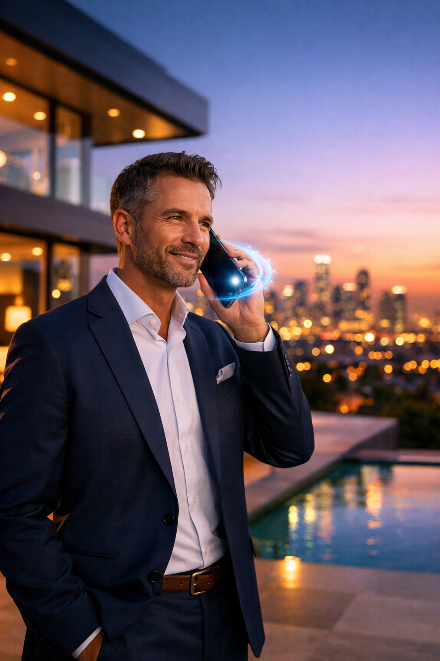 Professional real estate agent using a mobile VoIP app for flexible remote business calls.