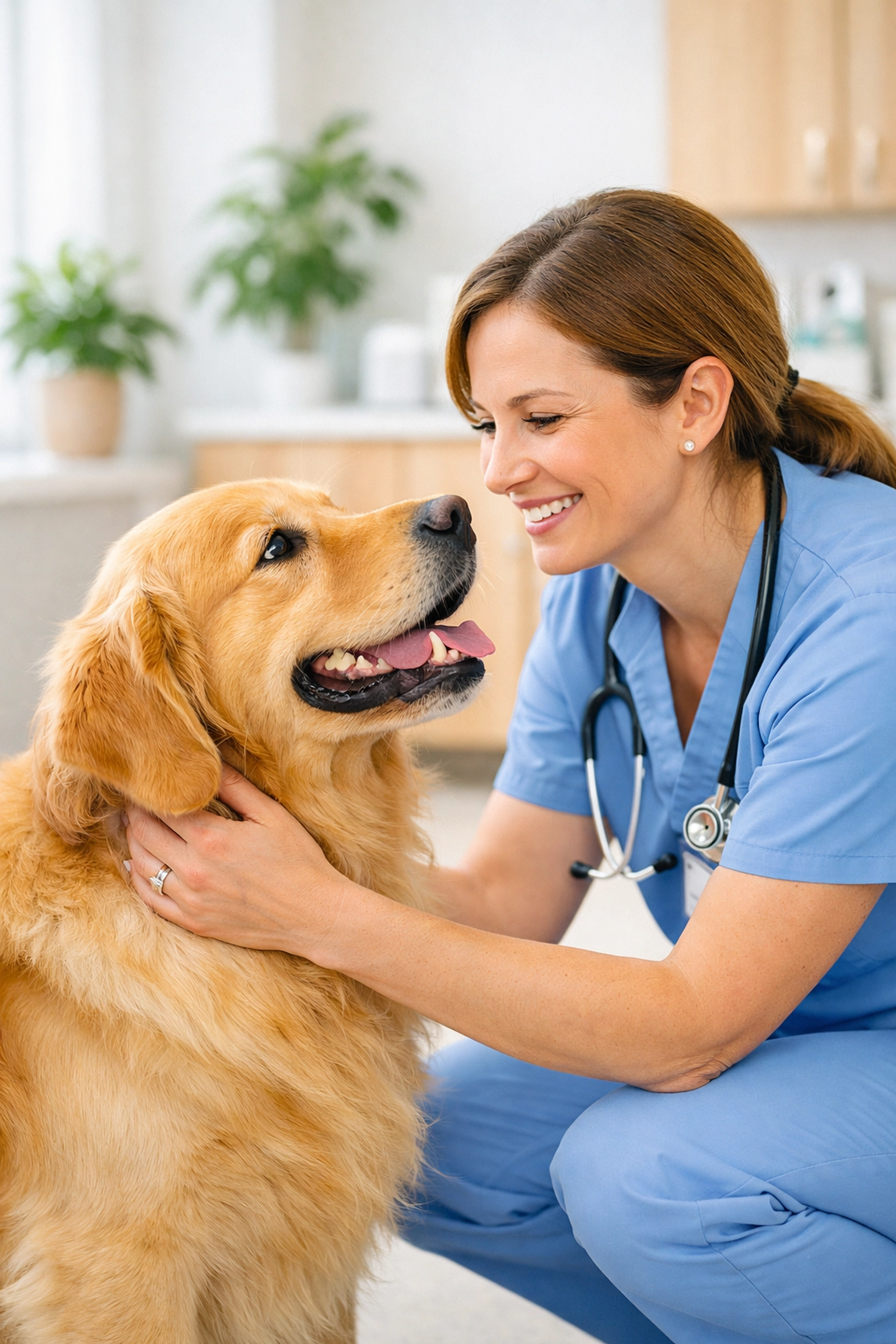 A veterinarian and a health tested Golden Retriever collaborating on a proactive wellness and care plan.