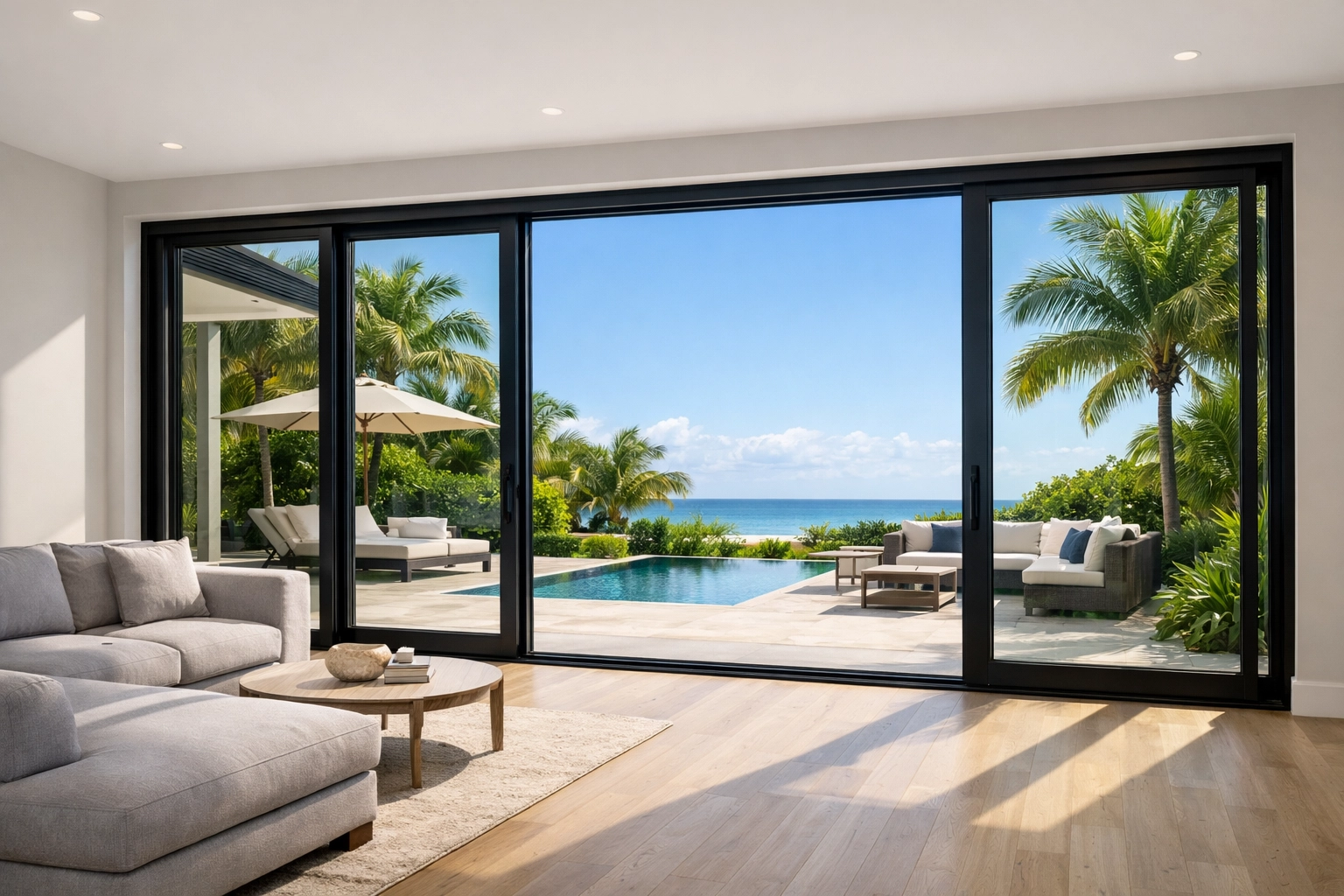 Modern sliding glass door with black frames in a sun-drenched Port Charlotte living room.