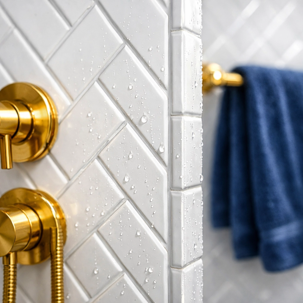 Close-up of clean white herringbone shower tiles and gold hardware after deep house cleaning services MA.