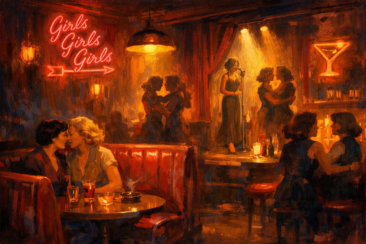 1950s lesbian bar interior with women dancing at the Telegraph Club in San Francisco