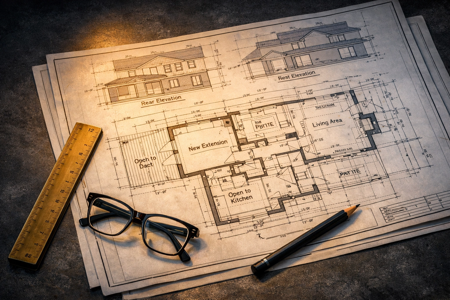 Detailed architectural blueprints and tools used to define the scope of work for a home renovation project.