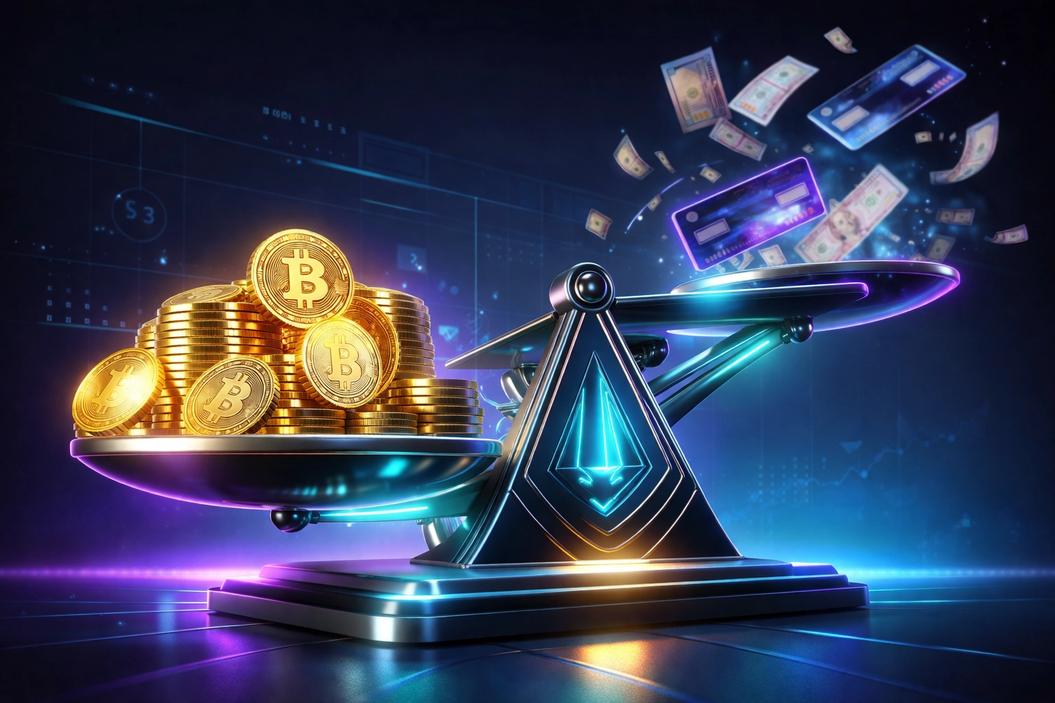 A digital balance comparing cryptocurrency coins to credit cards, illustrating how crypto POS systems like Larecoin slash merchant fees.