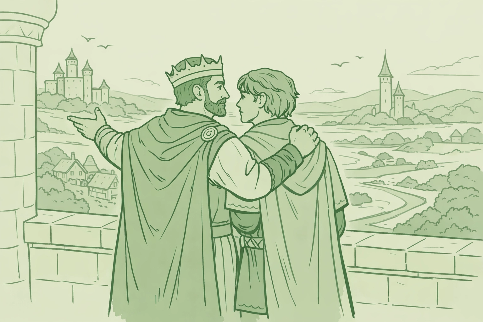 Two medieval kings overlooking kingdom together representing MM romance partnership and merit-based succession