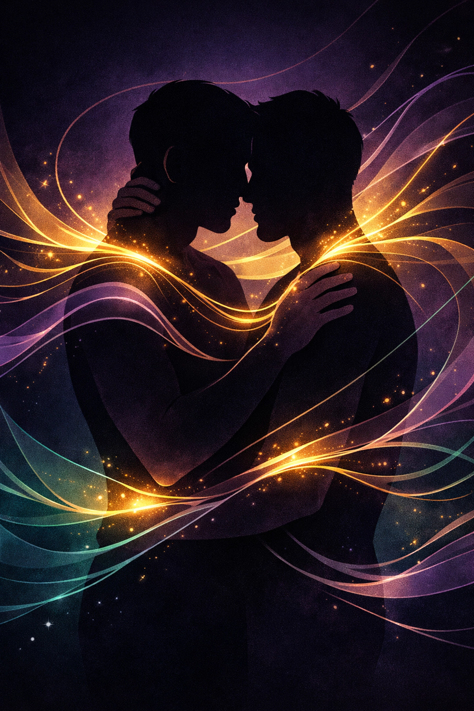 Two men in loving embrace showing connection through mindful touch and presence