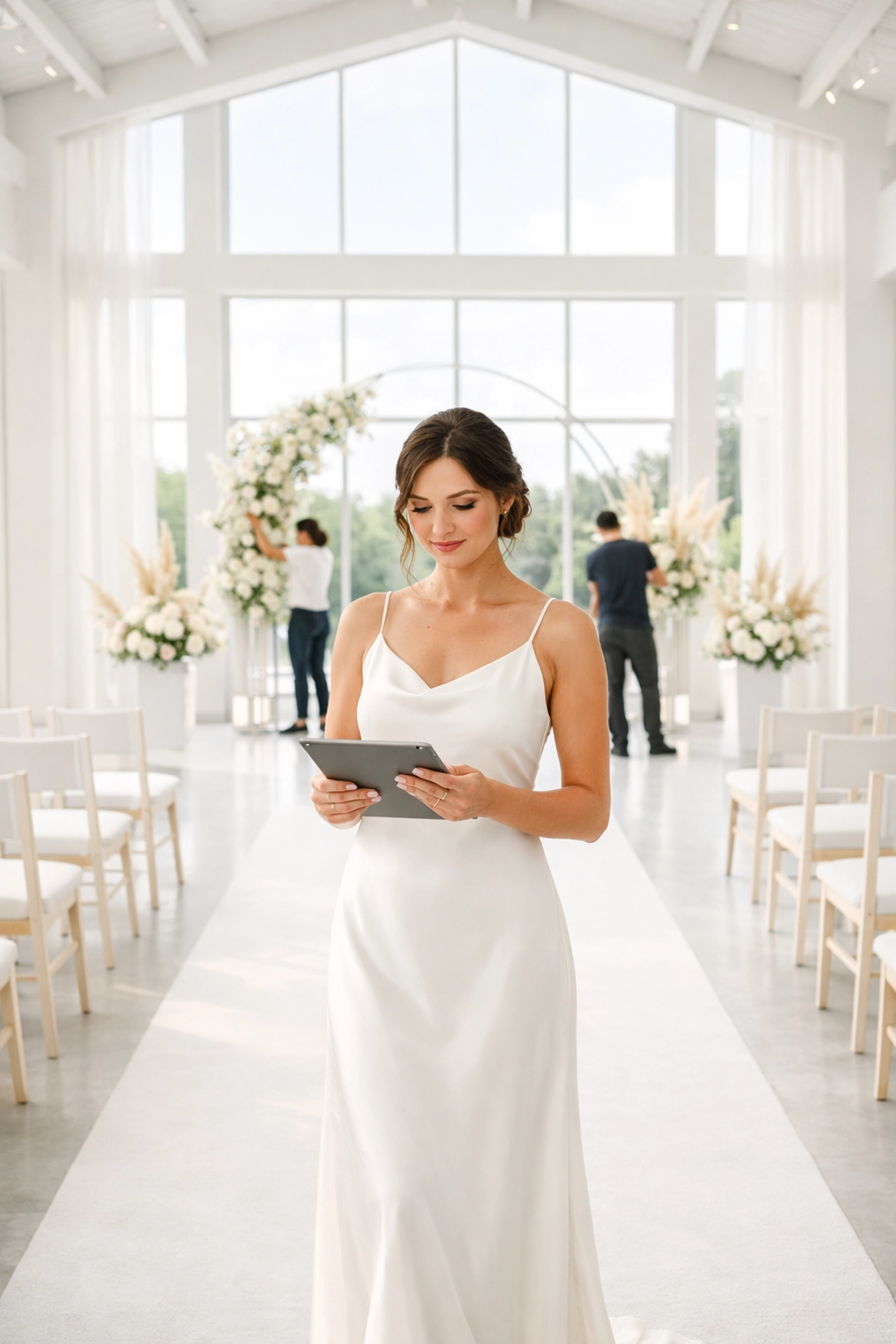 A calm bride uses a tablet to manage wedding venue details and real-time RSVP updates.