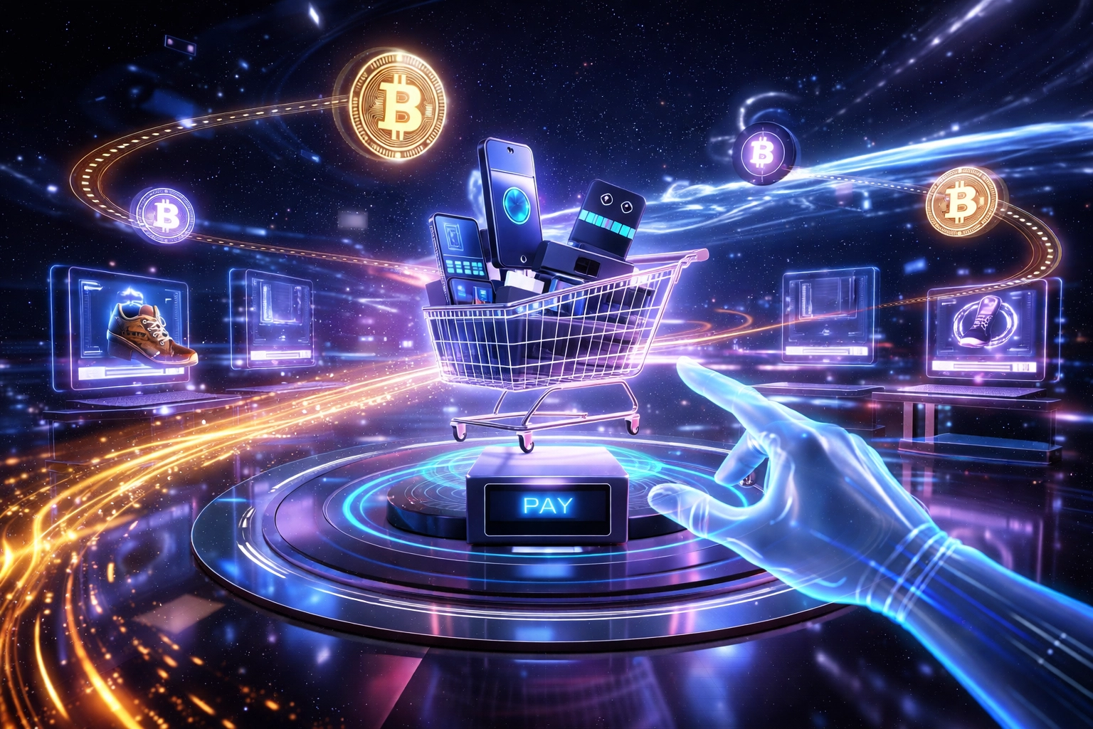 Digital marketplace in space illustrating metaverse shopping, crypto payments, and blockchain-enabled commerce.